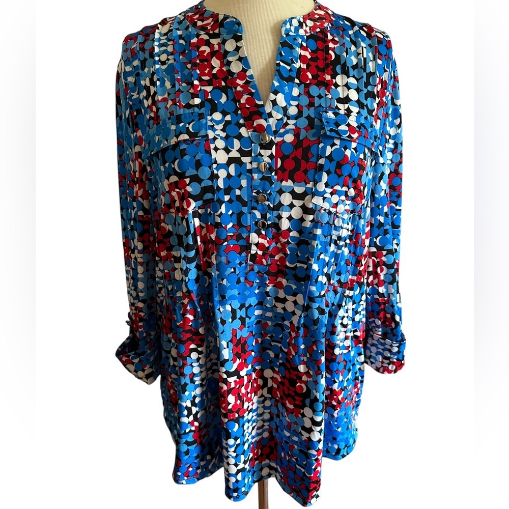 COCOMO XL Blue Red White 3/4 sleeve women’s pintuck Blouse top shirt